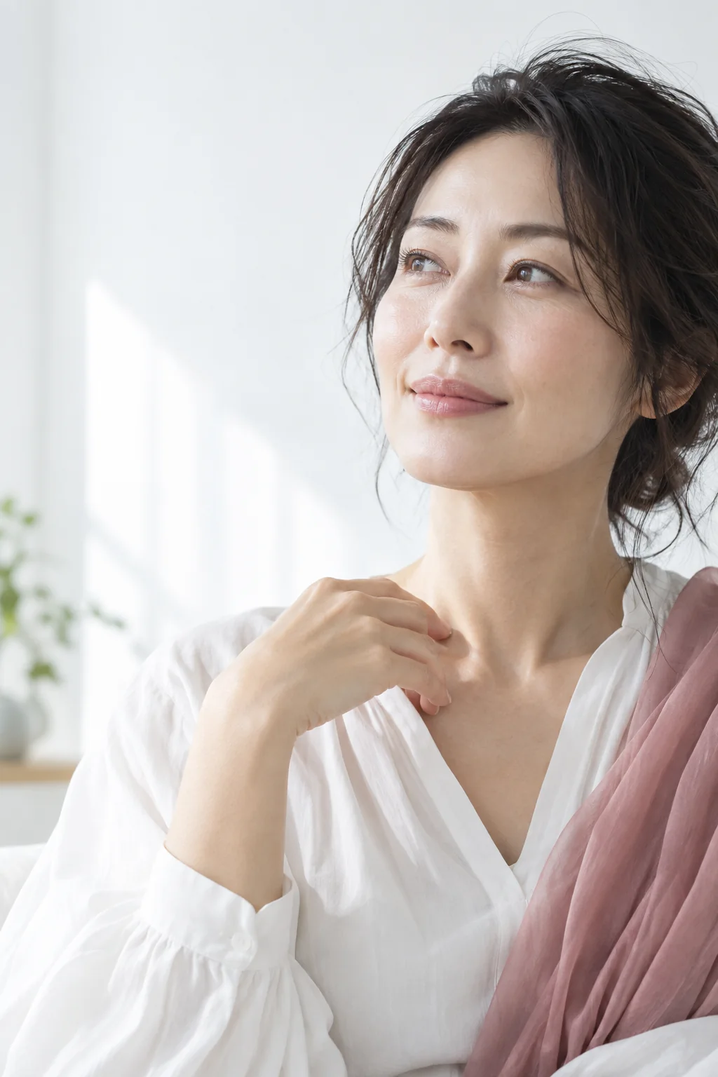 穏やかな光の中の女性。美容ケアのイメージ